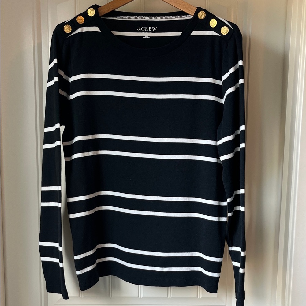 J. Crew Black and White Striped Button-Shoulder Top